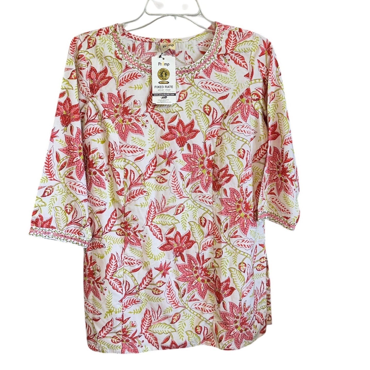 Primp Vadodara Floral Kurti Tunic Top Pink Green Mirror Work Size M New Tropical